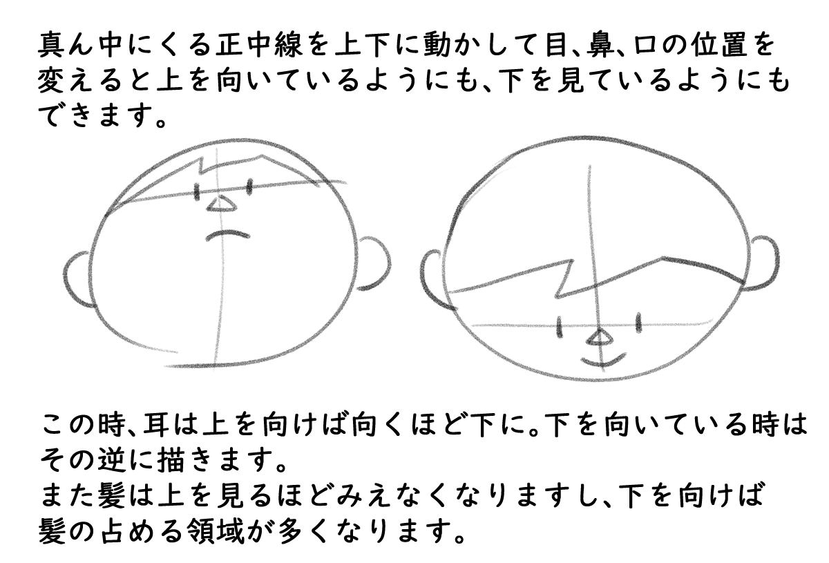 正中線の横線の位置を変えることでキャラクターが上を向いている（アオリ）、下を向いている（俯瞰）、いずれの向きも描けるようになります