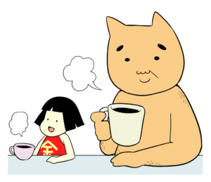 コーヒーブレイクをする金太郎とクマ